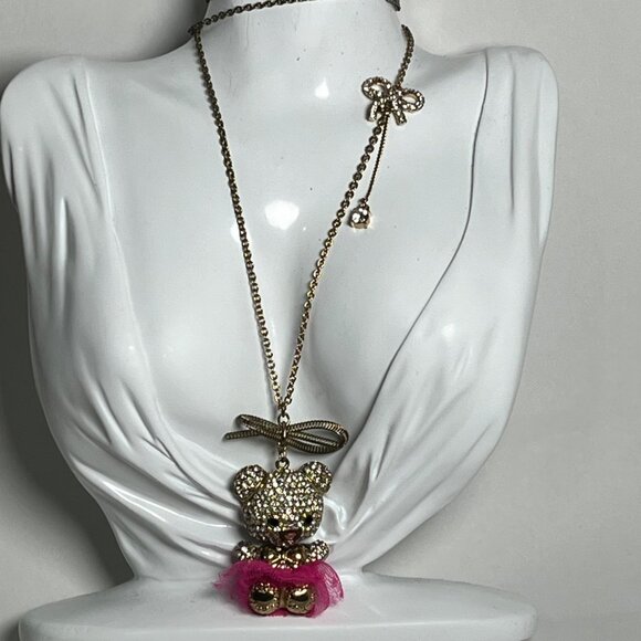Betsey Johnson Crystal Teddy Bear ballerina gold magenta Pendant Necklace 28" - Picture 4 of 7
